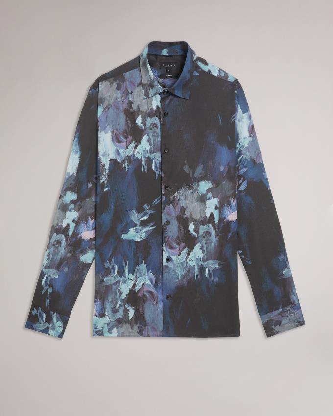 Chemises Ted Baker Long Sleeve Painted Floral Bleu Marine Homme | BYW-92427588